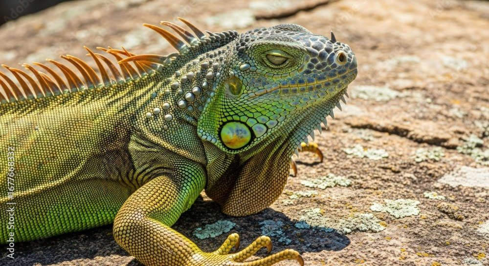 Fototapeta premium Green Iguana Resting on a Rock: Close-up of a Tropical Reptile