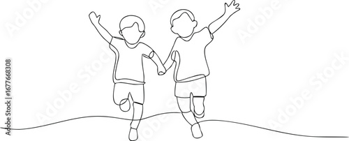 Line art drawing of two boys running happily