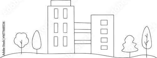 Minimalist Cityscape with Buildings and Trees Outline