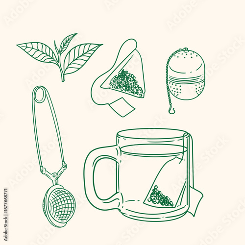 Set of original illustrations of a teacup, infuser, and tea-making utensils. Vintage ink line drawing for cards, menus, cafes, baristas, tea houses, or graphic design. In vector.