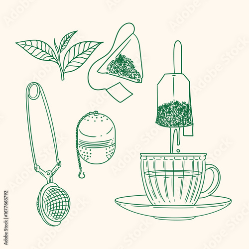 Set of original illustrations of a teacup, infuser, and tea-making utensils. Vintage ink line drawing for cards, menus, cafes, baristas, tea houses, or graphic design. In vector.