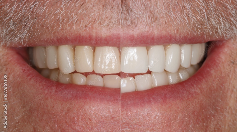 Obraz premium Two halves of a smile are displayed, showcasing a noticeable contrast between stained teeth on one side and bright, healthy teeth on the other. This highlights effective dental treatment.