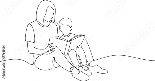 Mother and son reading together single line drawing