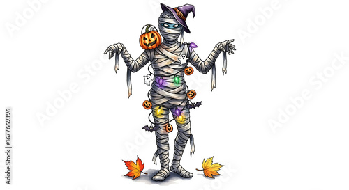 Cartoon mummy figure with halloween decorations on a white background