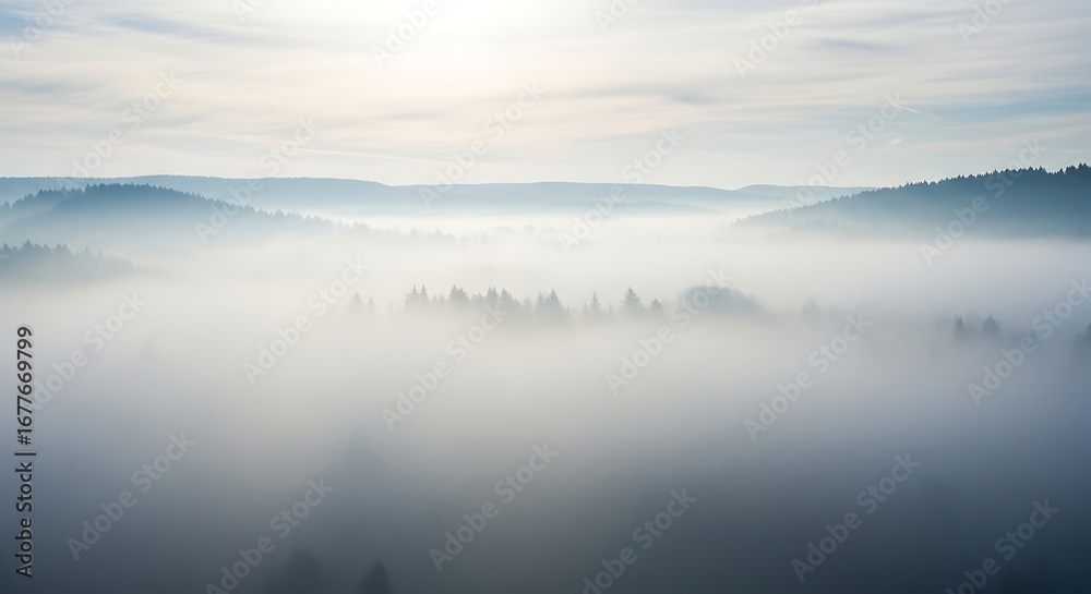 Obraz premium Fog-Filled Valley Aerial Landscape.