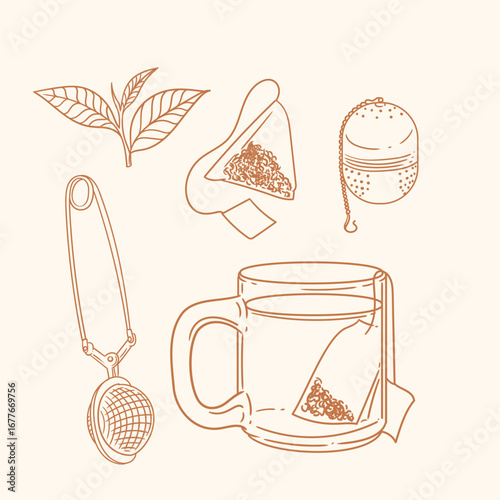 Set of original illustrations of a teacup, infuser. Vintage ink line drawing for cards, menus, cafes, baristas, tea houses, or graphic design. In vector.