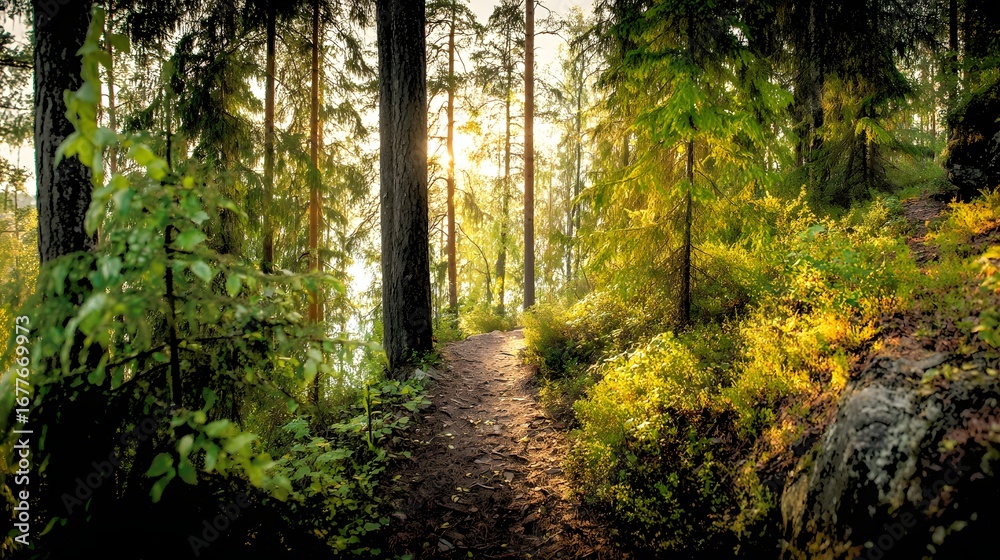 Obraz premium Misty Forest Path with Sunlight and Lush Green Trees Tranquil Nature stock photo
