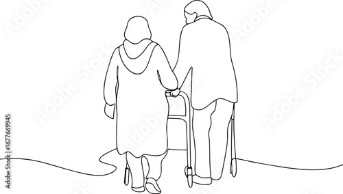 Seniors walking together continuous line art drawing