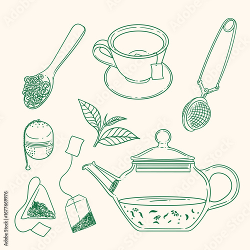 Set of original illustrations of a teacup, infuser, and tea-making utensils. Vintage ink line drawing for cards, menus, cafes, baristas, tea houses, or graphic design. In vector.