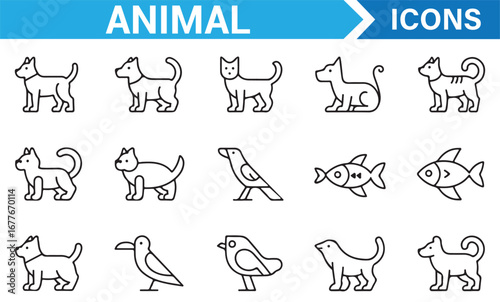 Vector outline icons of animals including bird, seal, cat, and dog for zoology illustrations