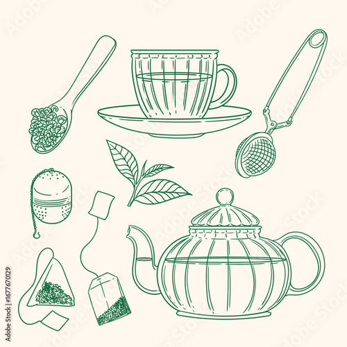 Set of original illustrations of a teacup, infuser, and tea-making utensils. Vintage ink line drawing for cards, menus, cafes, baristas, tea houses, or graphic design. In vector.