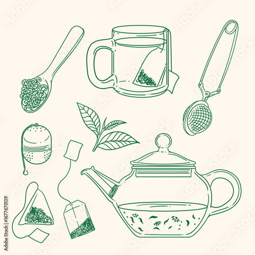 Set of original illustrations of a teacup, infuser, and tea-making utensils. Vintage ink line drawing for cards, menus, cafes, baristas, tea houses, or graphic design. In vector.