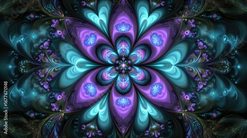 Teal and Purple Fractal Flower:  Intricate Digital Art with Symmetrical Design and Glowing Details