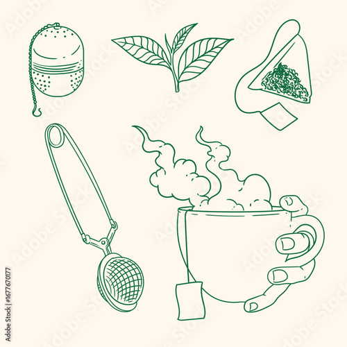 Set of original illustrations of a teacup, infuser, and tea-making utensils. Vintage ink line drawing for cards, menus, cafes, baristas, tea houses, or graphic design. In vector.