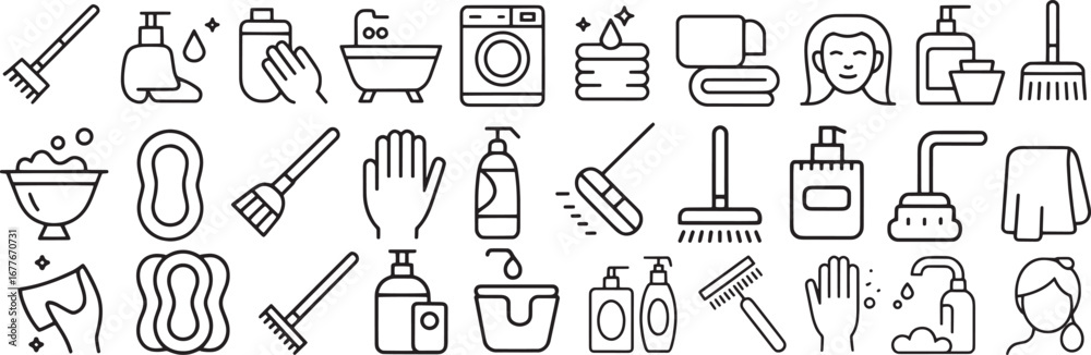 Obraz premium Cleaning and Hygiene Icons: Household Supplies, Washing, and Sanitation
