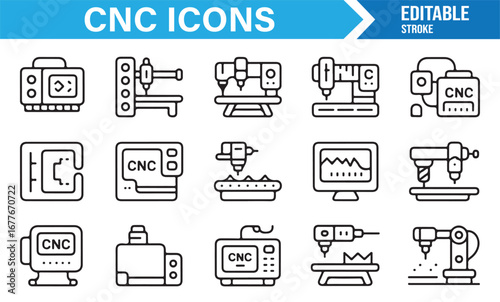 CNC technology and industrial equipment icon collection for manufacturing and machining themes