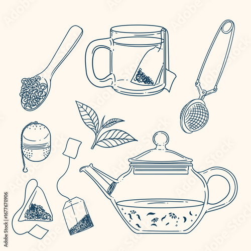 Set of original illustrations of a teacup, infuser, and tea-making utensils. Vintage ink line drawing for cards, menus, cafes, baristas, tea houses, or graphic design. In vector.