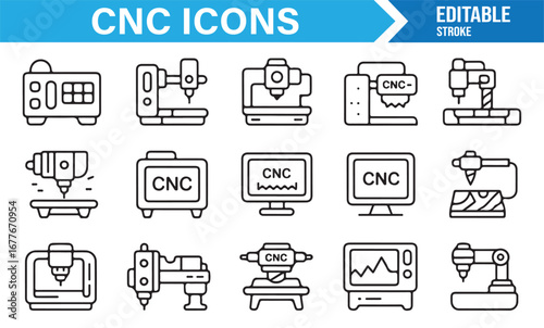 Precision machining and CNC vector icons for engineering, factory, and industry projects
