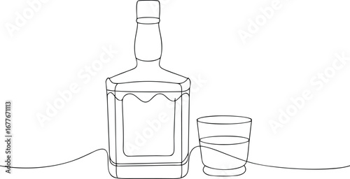 Whiskey bottle and glass in single line art