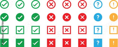 Collection of green checkmarks red crosses blue question marks and orange exclamation points check mark  exclamation mark, symbol,