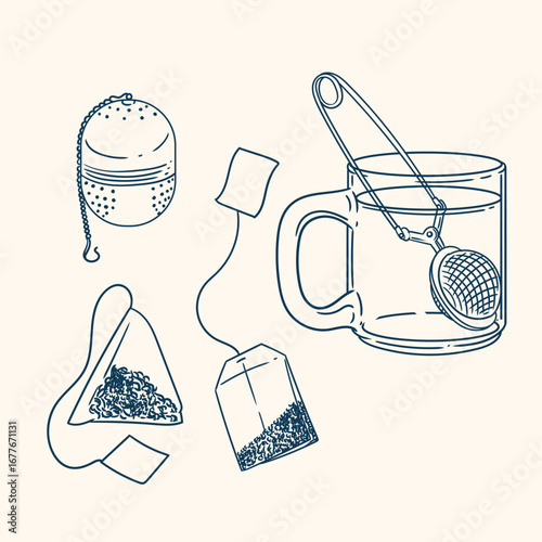 Set of original illustrations of a teacup, infuser, and tea-making utensils. Vintage ink line drawing for cards, menus, cafes, baristas, tea houses, or graphic design. In vector.