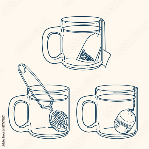 Set of original illustrations of a teacup, infuser. Vintage ink line drawing for cards, menus, cafes, baristas, tea houses, or graphic design. In vector.