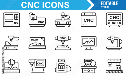 CNC icons collection for industry, factory automation, machining, and manufacturing projects