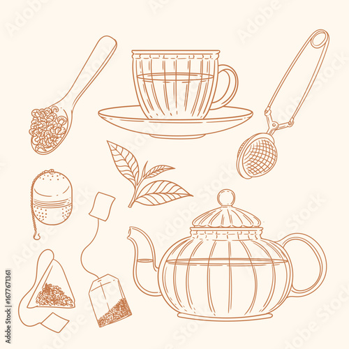 Set of original illustrations of a teacup, infuser, and tea-making utensils. Vintage ink line drawing for cards, menus, cafes, baristas, tea houses, or graphic design. In vector.