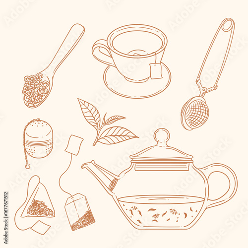 Set of original illustrations of a teacup, infuser, and tea-making utensils. Vintage ink line drawing for cards, menus, cafes, baristas, tea houses, or graphic design. In vector.