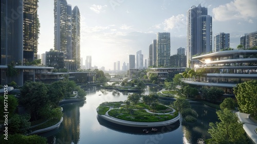 Vision of a Green Utopia: Sunlit Eco-Skyscrapers Overlooking Serene Urban Waterways