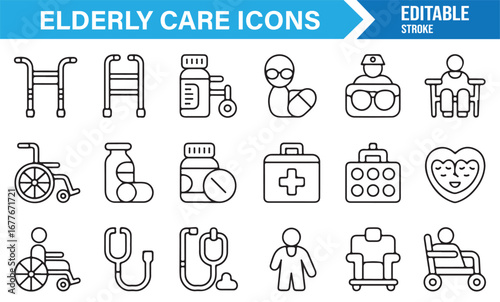 Thin line vector elderly care icons including walker, stethoscope, and caregiving services