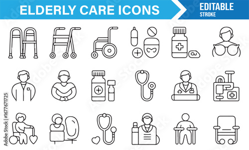 Senior assistance and wellness line icons for medical, rehabilitation, and treatment themes