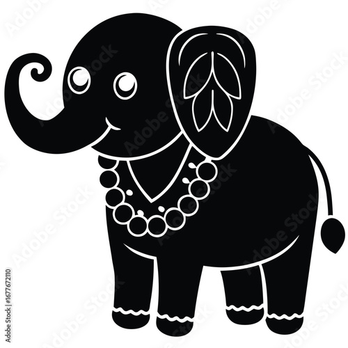 Black Silhouette of a Cute Cartoon Elephant with Necklace vector illustration