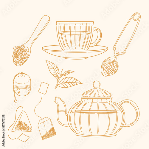 Set of original illustrations of a teacup, infuser, and tea-making utensils. Vintage ink line drawing for cards, menus, cafes, baristas, tea houses, or graphic design. In vector.