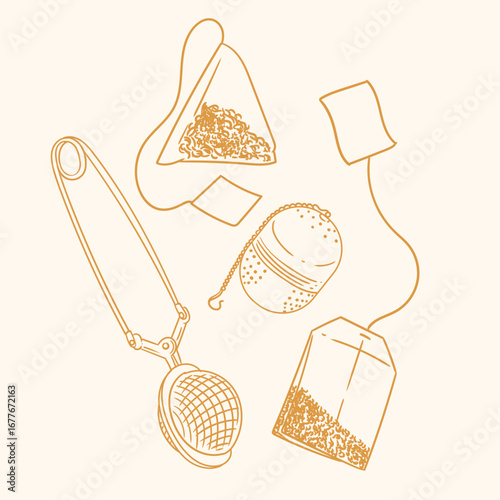 Set of original illustrations of a tea infuser. Vintage ink drawing for cards, menus, cafes, baristas, tea houses, or graphic design. In vector format.
