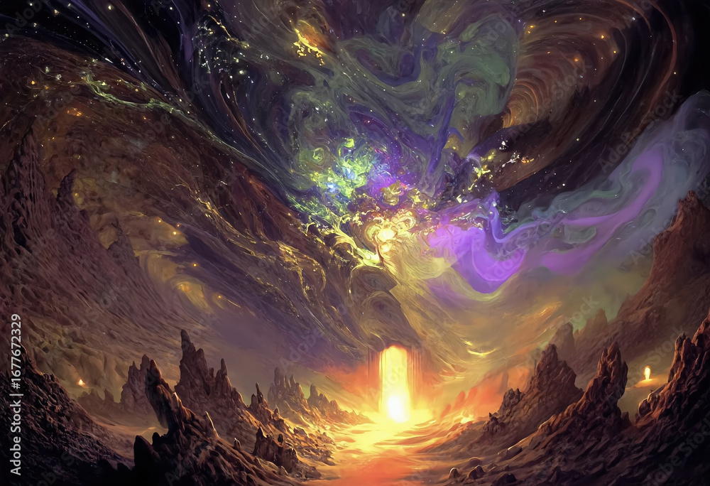 Fototapeta premium A breathtaking and stunning cosmic scene that showcases vivid colors, swirling clouds, and surreal rock formations