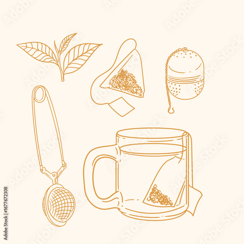 et of original illustrations of a teacup, infuser. Vintage ink line drawing for cards, menus, cafes, baristas, tea houses, or graphic design. In vector.