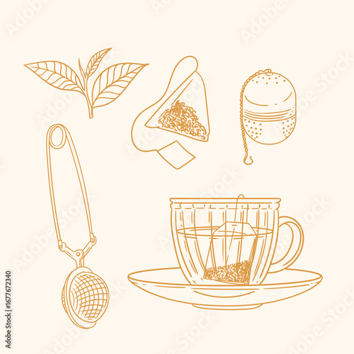 et of original illustrations of a teacup, infuser. Vintage ink line drawing for cards, menus, cafes, baristas, tea houses, or graphic design. In vector.