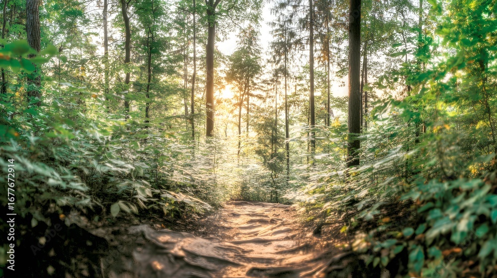 Obraz premium Misty Forest Path with Sunlight and Lush Green Trees Tranquil Nature stock photo