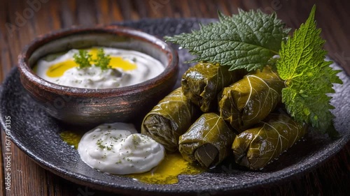 Appetizing grape leaves stuffed with rice and herbs