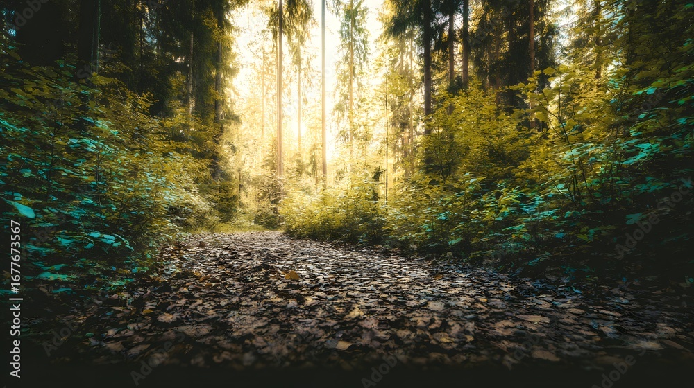 Obraz premium Misty Forest Path with Sunlight and Lush Green Trees Tranquil Nature stock photo