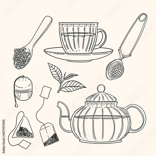Set of original illustrations of a teacup, infuser, and tea-making utensils. Vintage ink line drawing for cards, menus, cafes, baristas, tea houses, or graphic design. In vector.