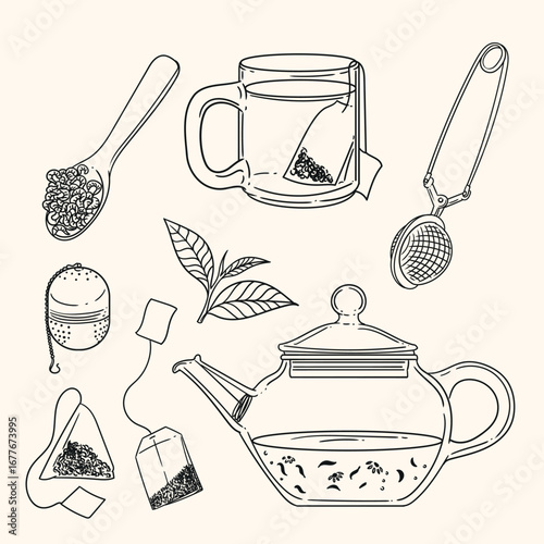 Set of original illustrations of a teacup, infuser, and tea-making utensils. Vintage ink line drawing for cards, menus, cafes, baristas, tea houses, or graphic design. In vector.