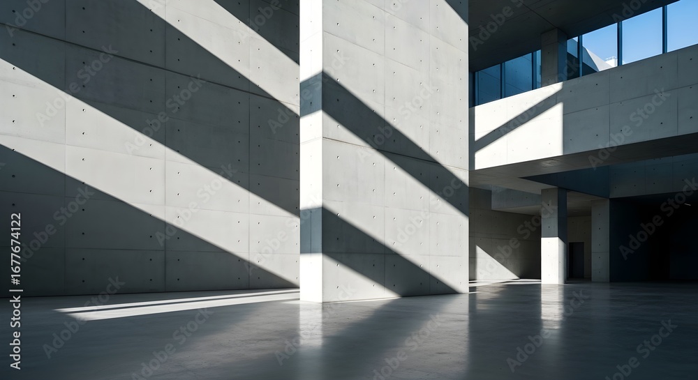 Fototapeta premium Striking eye-level wide-angle shot of a modern interior, showcasing geometric concrete architecture with dramatic mid-morning light and sharp shadow patterns on cool surfaces.