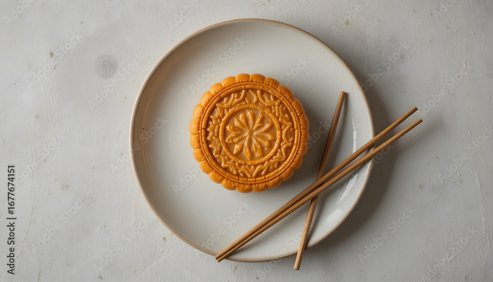 Fototapeta premium Single mooncake on a ceramic plate with a pair of chopsticks neatly placed beside it, soft neutral background, overhead flat lay.