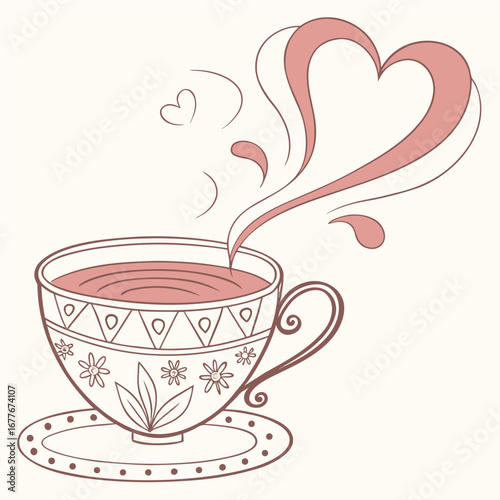 Charming vector illustration of a steaming tea cup with the steam gracefully forming a heart shape perfect for cozy and romantic themes