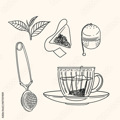 et of original illustrations of a teacup, infuser. Vintage ink line drawing for cards, menus, cafes, baristas, tea houses, or graphic design. In vector.