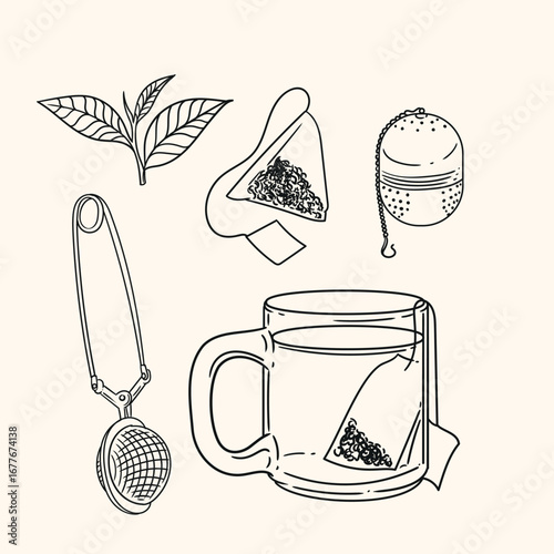 et of original illustrations of a teacup, infuser. Vintage ink line drawing for cards, menus, cafes, baristas, tea houses, or graphic design. In vector.