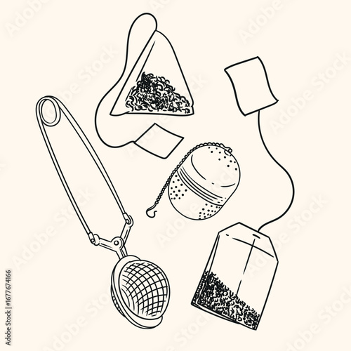 Set of original illustrations of a tea infuser. Vintage ink drawing for cards, menus, cafes, baristas, tea houses, or graphic design. In vector format.