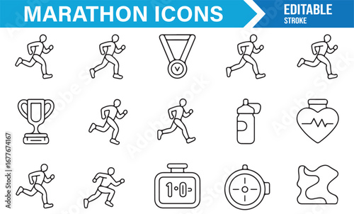 Modern line icons for marathon sports events, training, performance, and running challenges